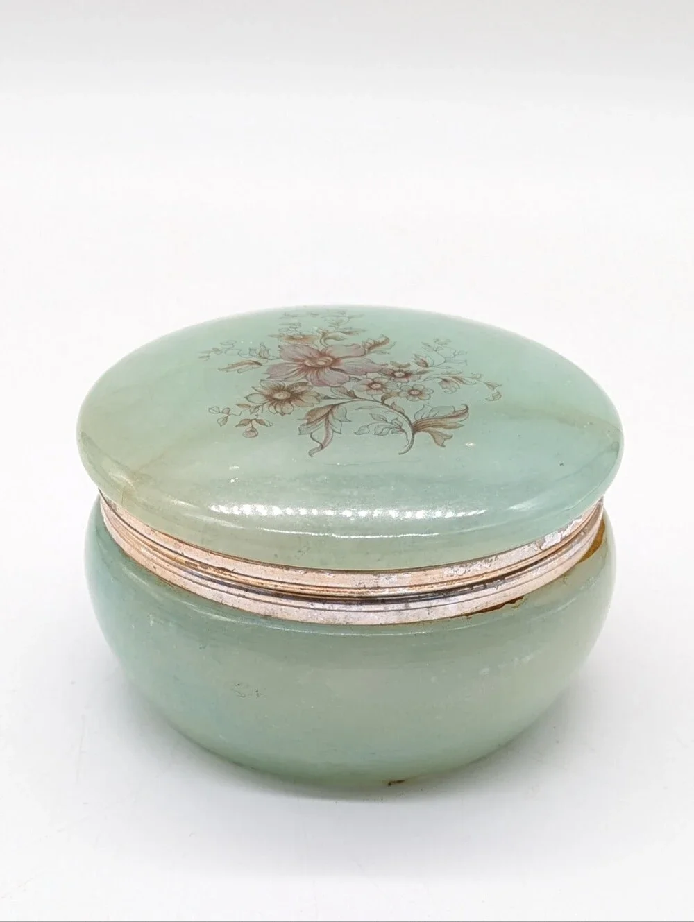 Vintage Green Floral Hand Carved Alabaster Hinged Trinket Dish